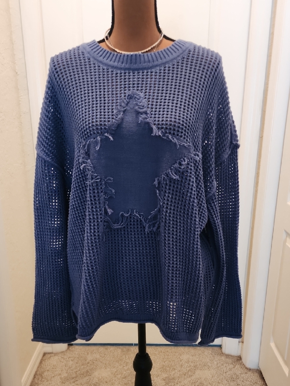 Torrid Blue WAFFLE KNIT 100% Cotton Star Appliqué Crewneck Sweater 2x 18/20